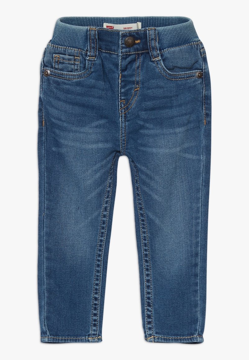 Tajta jeans i mörkblå denim med ribbat elastiskt midjeband, som har fem fickor, stikningar och stängning med framknapp.