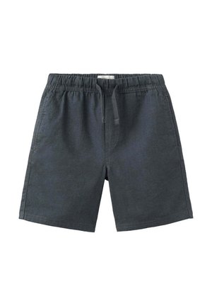 Short décontracté gris foncé avec taille élastique et cordon à l'avant, avec des poches latérales et une coupe droite.