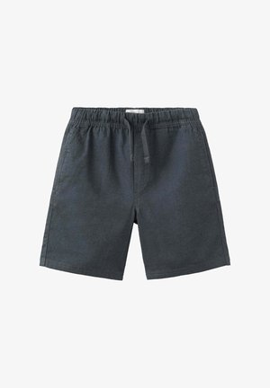 Short décontracté gris foncé avec taille élastique et cordon à l'avant, avec des poches latérales et une coupe droite.
