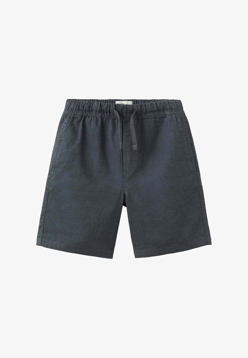 Short décontracté gris foncé avec taille élastique et cordon à l'avant, avec des poches latérales et une coupe droite.