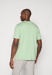 Mintgrünes T-Shirt mit kurzen Ärmeln, rundem Ausschnitt, weichem Stoff, lässiger Schnitt, getragen mit grauen Sweatpants, von hinten gesehen.