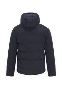 Sötétkék kapucnis pufi kabát, steppelt részekkel, sima textúrával és rugalmas mandzsettákkal. Hátulnézet, látható záróelemek nélkül.