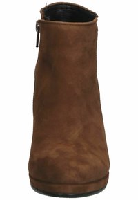 Bottine en daim marron avec une texture lisse, un bout arrondi et une fermeture éclair sur le côté. Le talon est bas et le design est minimaliste.