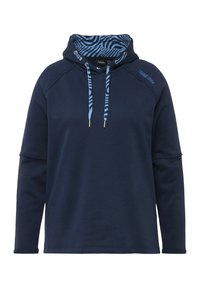 Sweatshirt à capuche bleu marine avec une doublure de capuche rayée bleu clair. Doté de cordons de serrage et d'un détail "LOUNGE LOVER" sur l'épaule.