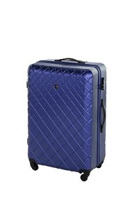 Hard-shell suitcase in glossy royal blue, featuring a diamond quilted pattern, a retractable handle, and four black wheels for mobility.