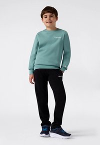 Sudadera verde menta con cuello redondo y logo bordado, combinada con pantalones de chándal negros con puños. Se lleva con zapatillas azul marino.