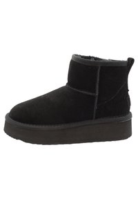 Black suede ankle boots with a rounded toe, plush lining, and a thick rubber sole; features stitching and a reinforced heel.