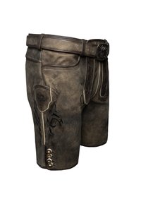 Pantalones cortos de cuero marrón con intrincados bordados florales negros, un cinturón ancho con una hebilla decorativa y cinco botones a lo largo del dobladillo.