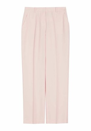 Jasnoróżowe dopasowane spodnie z bocznymi kieszeniami, szlufkami na pasek i luźnym, prostym krojem nogawek.