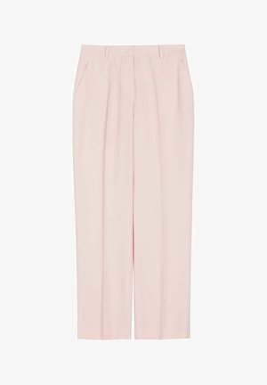 Jasnoróżowe dopasowane spodnie z bocznymi kieszeniami, szlufkami na pasek i luźnym, prostym krojem nogawek.