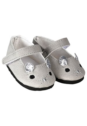 Silver baby shoes with black soles, featuring mouse faces with ears, eyes, and whiskers, and a Velcro strap across the top.