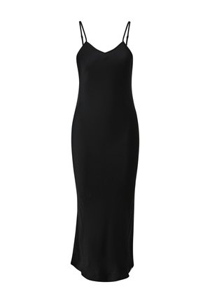 Black slip dress made of smooth fabric, featuring thin spaghetti straps and a v-neckline. The design is fitted and floor-length with a subtle sheen.