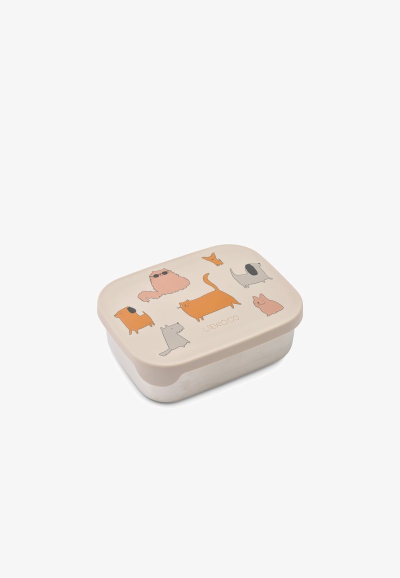Rektangulær plastlunsjboks i beige med illustrerte katter og hunder i forskjellige farger. Har avrundede kanter og et sikkert lokk.
