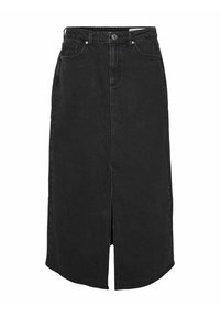 Černá džínová sukně s předním rozparkem, středně dlouhý design, vysoký pas, pět kapes a mírně zakřivený lem.