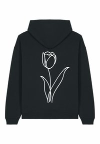 Felpa con cappuccio nera con una linea minimalista bianca che rappresenta un disegno di un fiore di tulipano sulla schiena.