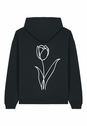 Felpa con cappuccio nera con una linea minimalista bianca che rappresenta un disegno di un fiore di tulipano sulla schiena.