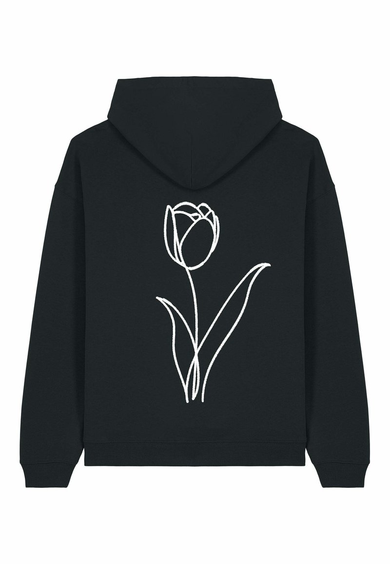 Felpa con cappuccio nera con una linea minimalista bianca che rappresenta un disegno di un fiore di tulipano sulla schiena.