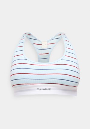 Svītrainis sporta krūšturis gaismas zili ar sarkaniem un ziliem svītrainēm. Ar ribotu tekstūru un baltu elastīgu joslu, uz kuras redzams "Calvin Klein".