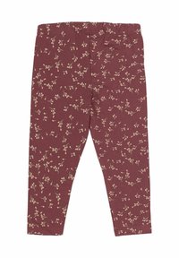 Burgunderfarbene Leggings mit elastischem Bund, versehen mit einem hellbeigen floralen Muster, aus einem weichen, dehnbaren Stoff hergestellt.