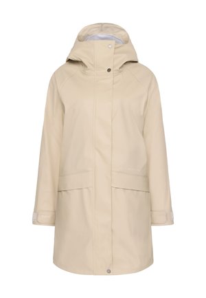 Beige waterdichte regenjas met capuchon, twee voorzakken en klittenbandsluitingen bij de manchetten. Gemaakt van glad, duurzaam materiaal met een ontspannen pasvorm.