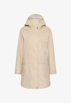 Beige vandtæt regnjakke med hætte, to forlommer og velcro manchetter. Fremstillet af glat, holdbart materiale med en afslappet pasform.