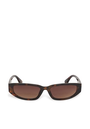 Rectangular tortoiseshell sunglasses with dark brown gradient lenses and slightly curved arms, shown front-facing on white background.