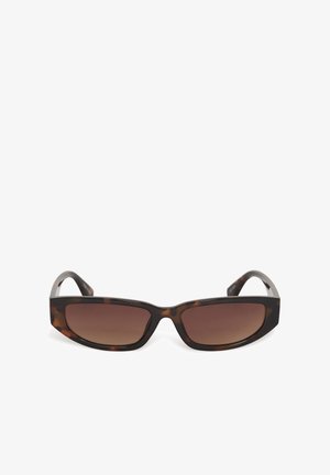 Rectangular tortoiseshell sunglasses with dark brown gradient lenses and slightly curved arms, shown front-facing on white background.
