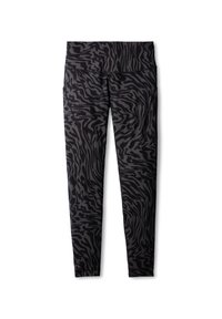 Mustad mustad leggings, millel on keerlev halli ja musta zebra muster, millel on kõrge vöökoht ja sile, veniv kangas.