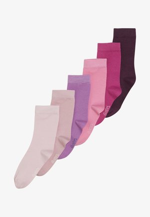 Šest pari članaka čarapa u nijansama ružičaste i ljubičaste, izrađene od mekog materijala s glatkom teksturom i kontrastnim rebrastim rubovima.