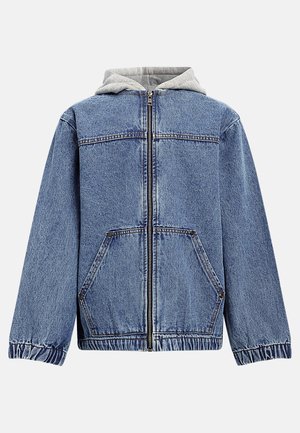 Denimjakke med glidelås foran, elastiske mansjetter og kant, grå hette med hette, og store framlommer.