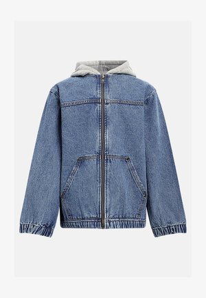 Giacca di jeans con cerniera frontale, polsini e orlo elasticizzati, cappuccio grigio incorporato e grandi tasche anteriori.