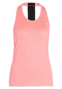 Różowy sportowy top na ramiączkach z teksturowanym siateczkowym wzorem, w stylu racerback, z kontrastową czarną panelą na górnej części pleców.