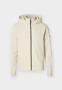 Veste à capuche beige clair avec fermeture éclair à l'avant et deux poches latérales, présentée sur un fond clair uni.