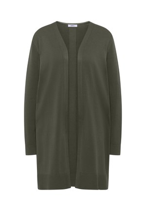 Pitkä oliivinvihreä avoin neuletakki, jossa on pitkät hihat ja resorireunukset edessä ja helmassa.