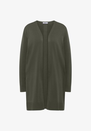 Cardigan long kaki olive à ouverture frontale avec manches longues et détails côtelés le long des bords avant et de l'ourlet.