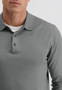 Grijze longsleeve poloshirt gemaakt van zachte stof, met een klassieke kraag, drieknoopsluiting en een slim fit ontwerp.