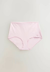 Högmidjade rosa trosor i mjuk bomull. Slät textur med elastiskt midjeband och sömdekor längs kanterna.