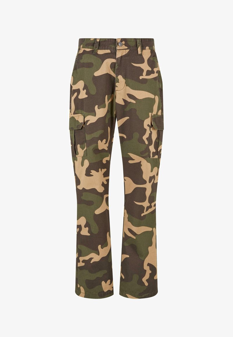 Tarnfarbene Cargo-Hosen mit einer Mischung aus grünen und beigen Mustern, aus einem glatten Stoff gefertigt und mit Seitentaschen ausgestattet.