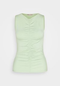 Top senza maniche di colore verde menta realizzato in tessuto liscio. Presenta dettagli arricciati sul davanti, una profonda scollatura a V e una silhouette aderente.