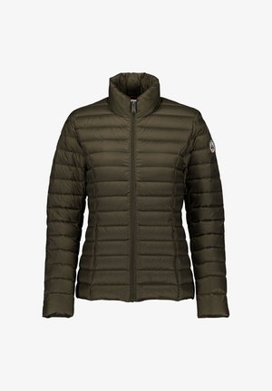 Dunkelgrüne gesteppte Jacke mit hohem Kragen, Frontreißverschluss und Logo-Patch am linken Oberarm, für Damen entworfen.