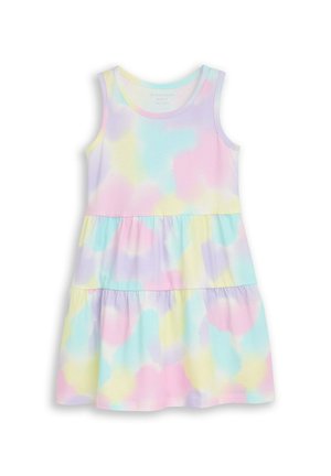 Mouwloze gelaagde jurk met pastel tie-dye patroon in roze, blauw, geel en paars op een witte achtergrond.