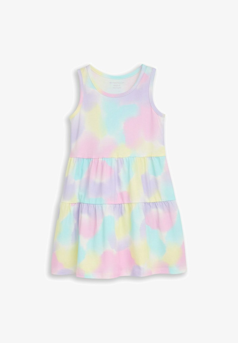 Robe sans manches à volants avec motif tie-dye pastel en rose, bleu, jaune et violet sur fond blanc.