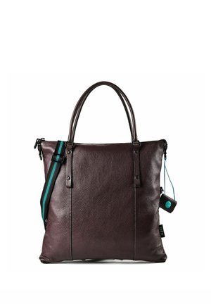 Dunkelbraune Ledertasche mit doppelten Griffen, einem schwarz-grün gestreiften Schulterriemen und einem kleinen, angebrachtem schwarzen Accessoire.