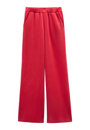 Czerwone spodnie o szerokich nogawkach z elastycznym pasem i bocznymi kieszeniami, wykonane z miękkiego, wygodnego materiału.
