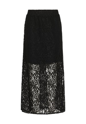 Black lace maxi skirt featuring an elastic waistband, semi-sheer panels, floral patterns, and a full-length design.