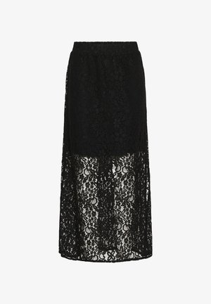 Gonna maxi in pizzo nero con vita elastica, pannelli semi-trasparenti, motivi floreali e design a lunghezza completa.