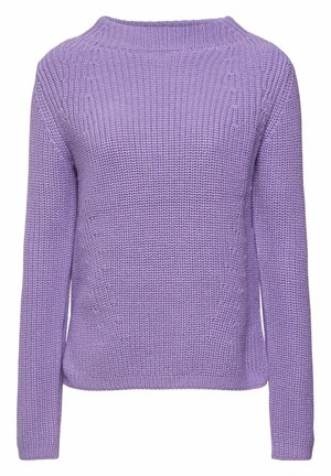 Lilla strikket langærmet sweater med tekstureret mønster og rund halsudskæring, vist på en ensfarvet hvid baggrund.