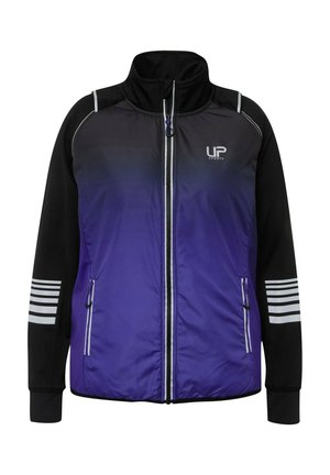 Eine Zip-Jacke mit einem Farbverlauf von Dunkelpurpur zu Hellpurpur, schwarzen Ärmeln, weißen Streifen an den Armen und einem Logo auf der Brust.