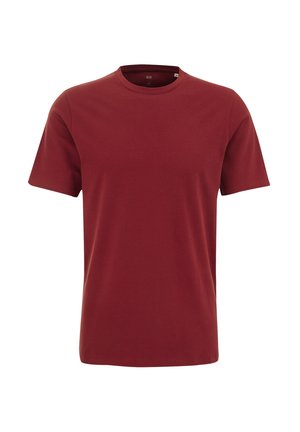 Maroon pamučna majica s kratkim rukavima i okruglim izrezom, s jedinstvenom bojom i klasičnim krojem, pogodna za casual nošenje.