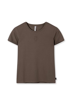 T-shirt marron à manches courtes avec col rond, petit logo brodé centré sous l'encolure sur fond blanc.